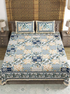 Sangria Blue & Brown Printed Cotton 210TC Double King Bedsheet With 2 Pillow Covers | Grocsy