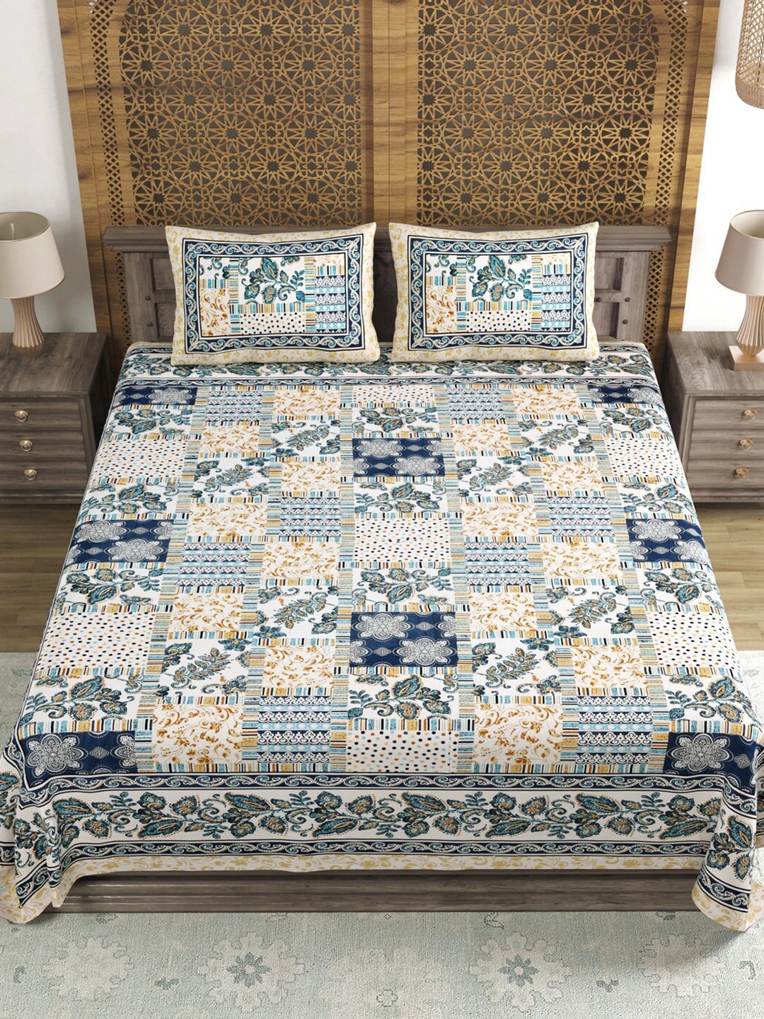 Sangria Blue & Brown Printed Cotton 210TC Double King Bedsheet With 2 Pillow Covers | Grocsy