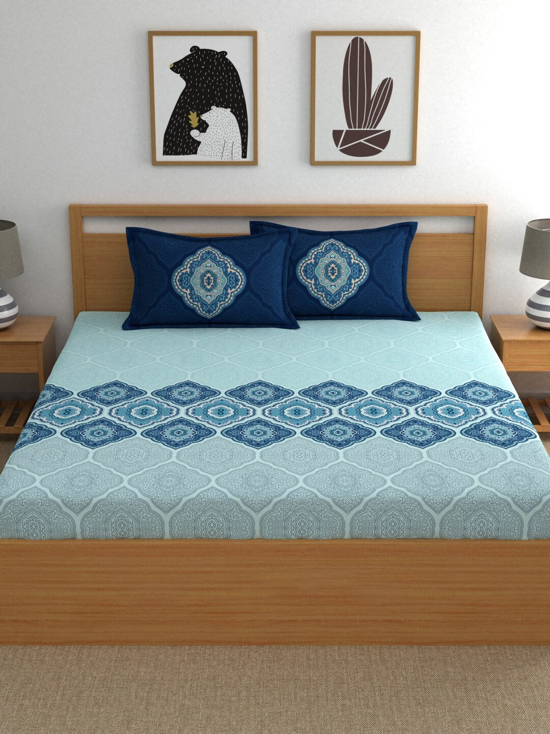Dreamscape Blue Ethnic Motifs 140 TC Fitted Cotton King Bedsheet & Pillow Covers | Grocsy