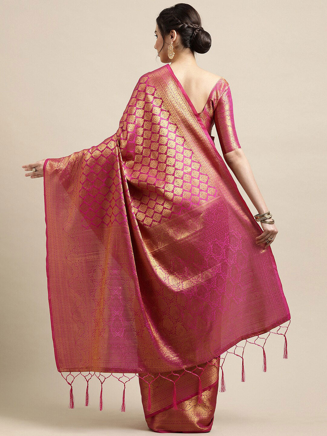Saree Mall Pink & Gold-Toned Woven Design Zari Silk Blend Banarasi Saree | Grocsy
