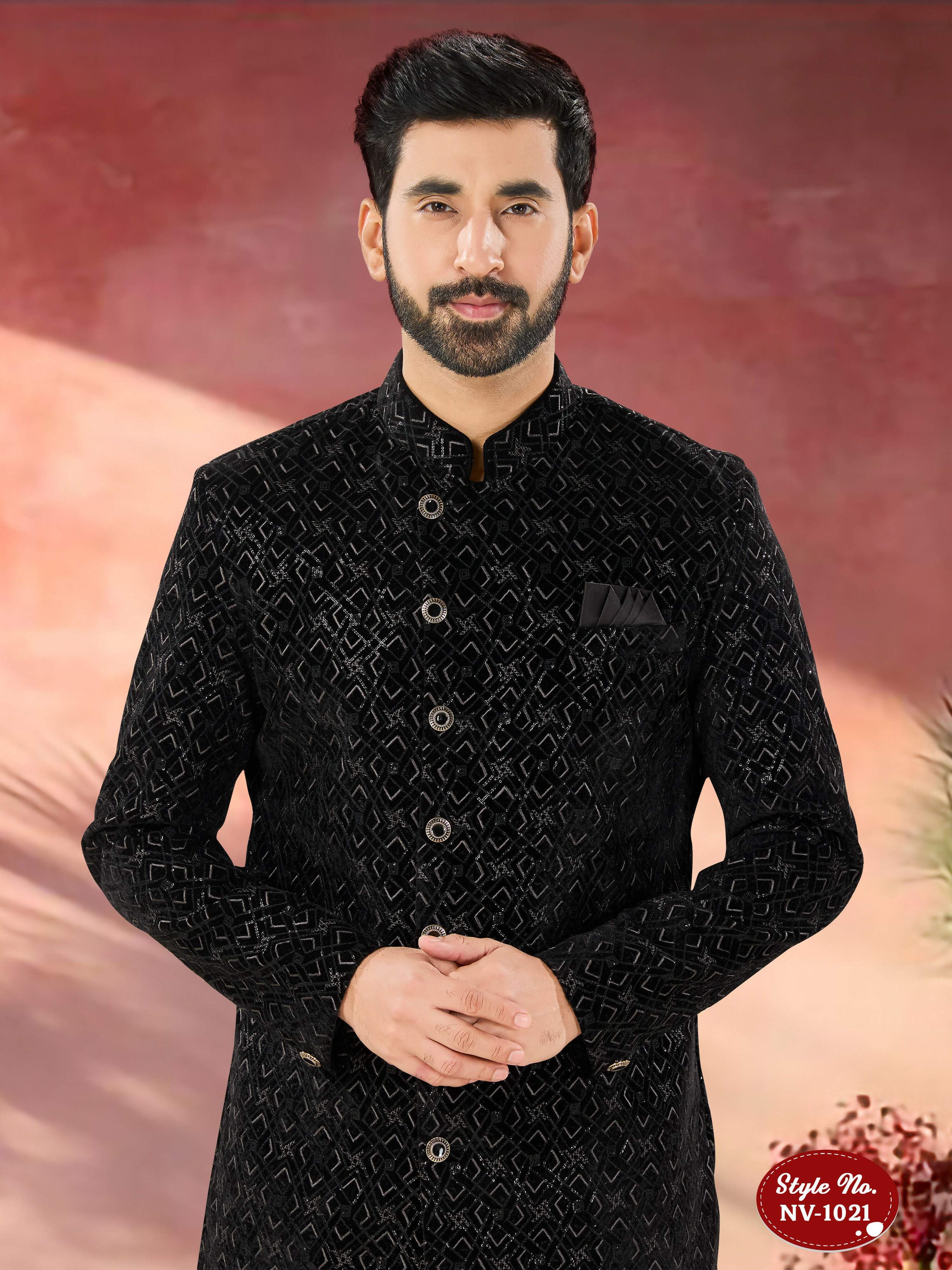 Joban Fashion Men's Black Base Straight Velvet Thread And Sequence Embroidary All Over Indo-Western Kurta Set | Grocsy