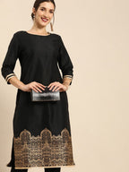 All About You Women Black & Gold Printed Regular Kurta with Trousers | Grocsy