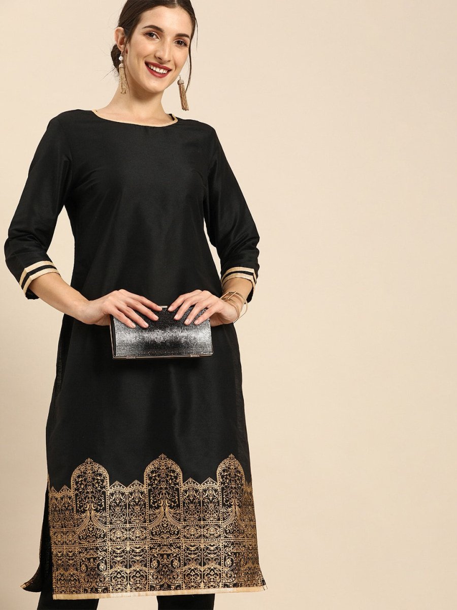 All About You Women Black & Gold Printed Regular Kurta with Trousers | Grocsy