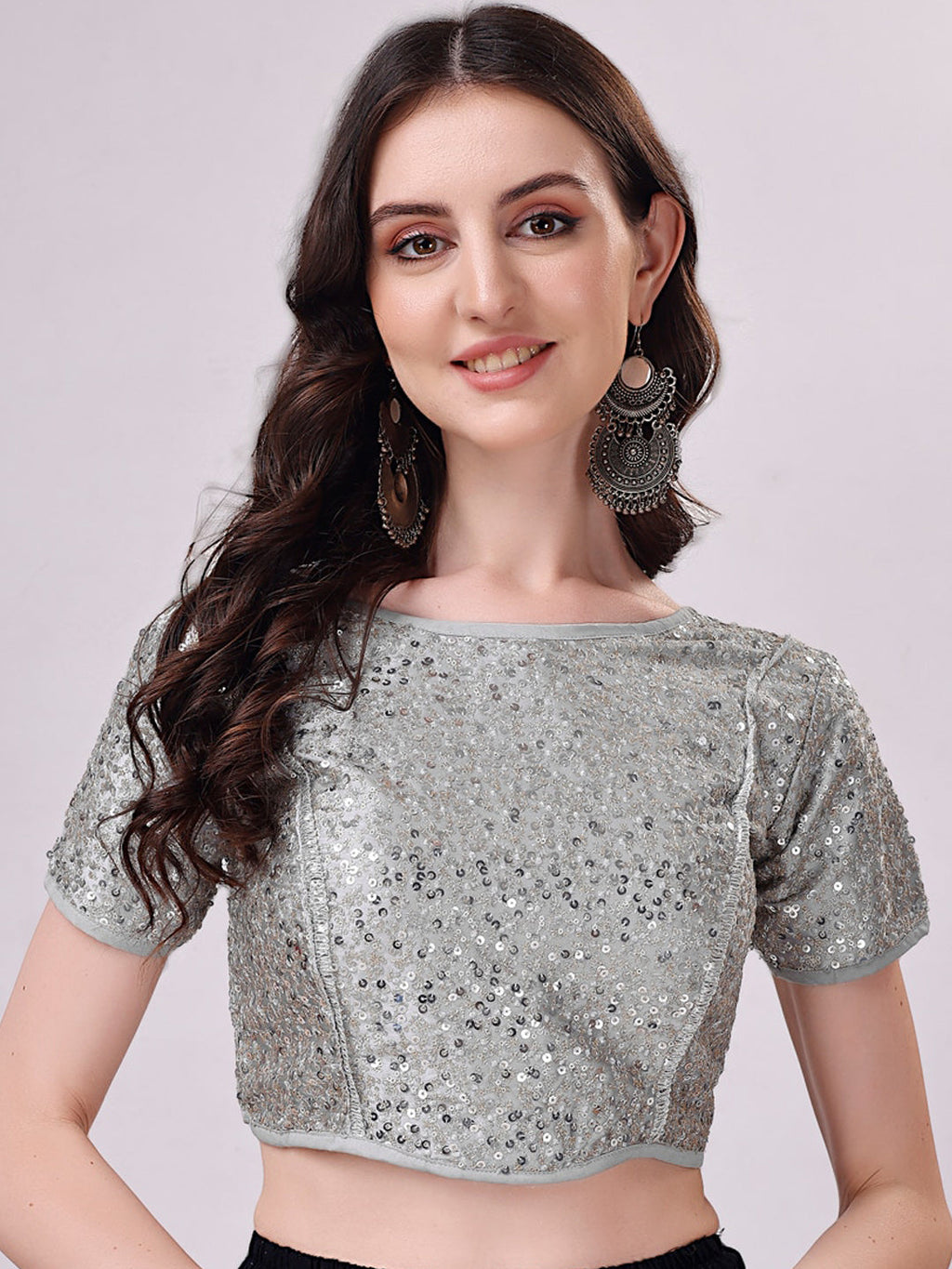 Tikhi Imli Grey Embellished Boat Neck Sequinned Detailed Saree Blouse | Grocsy