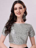 Tikhi Imli Grey Embellished Boat Neck Sequinned Detailed Saree Blouse | Grocsy