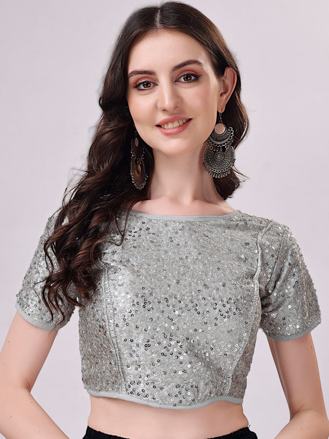 Tikhi Imli Grey Embellished Boat Neck Sequinned Detailed Saree Blouse | Grocsy