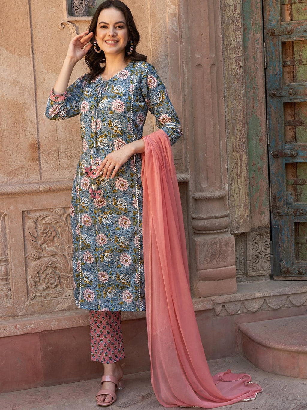 Sangria Blue Floral Printed Gotta Patti Pure Cotton Kurta with Trousers & Dupatta | Grocsy