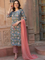 Sangria Blue Floral Printed Gotta Patti Pure Cotton Kurta with Trousers & Dupatta | Grocsy
