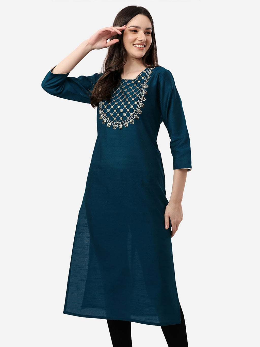 HERE&NOW Women Teal Ethnic Motifs Embroidered Kurta | Grocsy