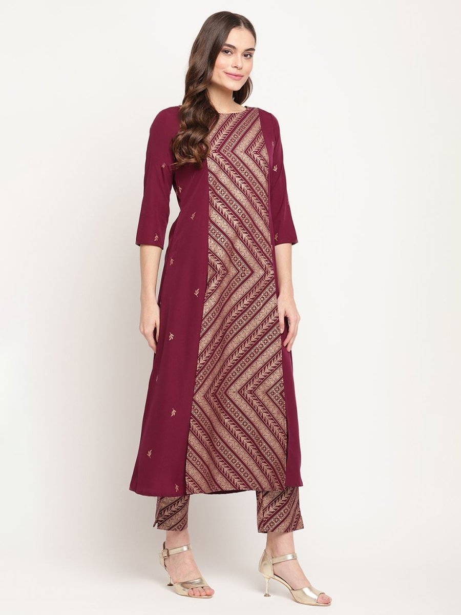 Ahalyaa Women's Wine Crepe Gold Glitter Print Kurta Trouser Set | Grocsy