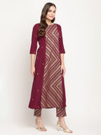 Ahalyaa Women's Wine Crepe Gold Glitter Print Kurta Trouser Set | Grocsy