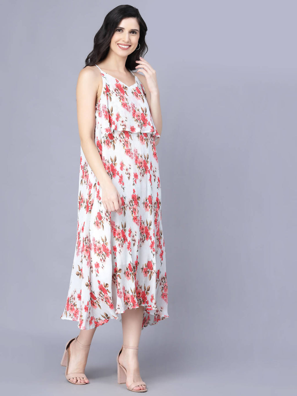 Myshka White Red Floral Layered Midi Dress | Grocsy