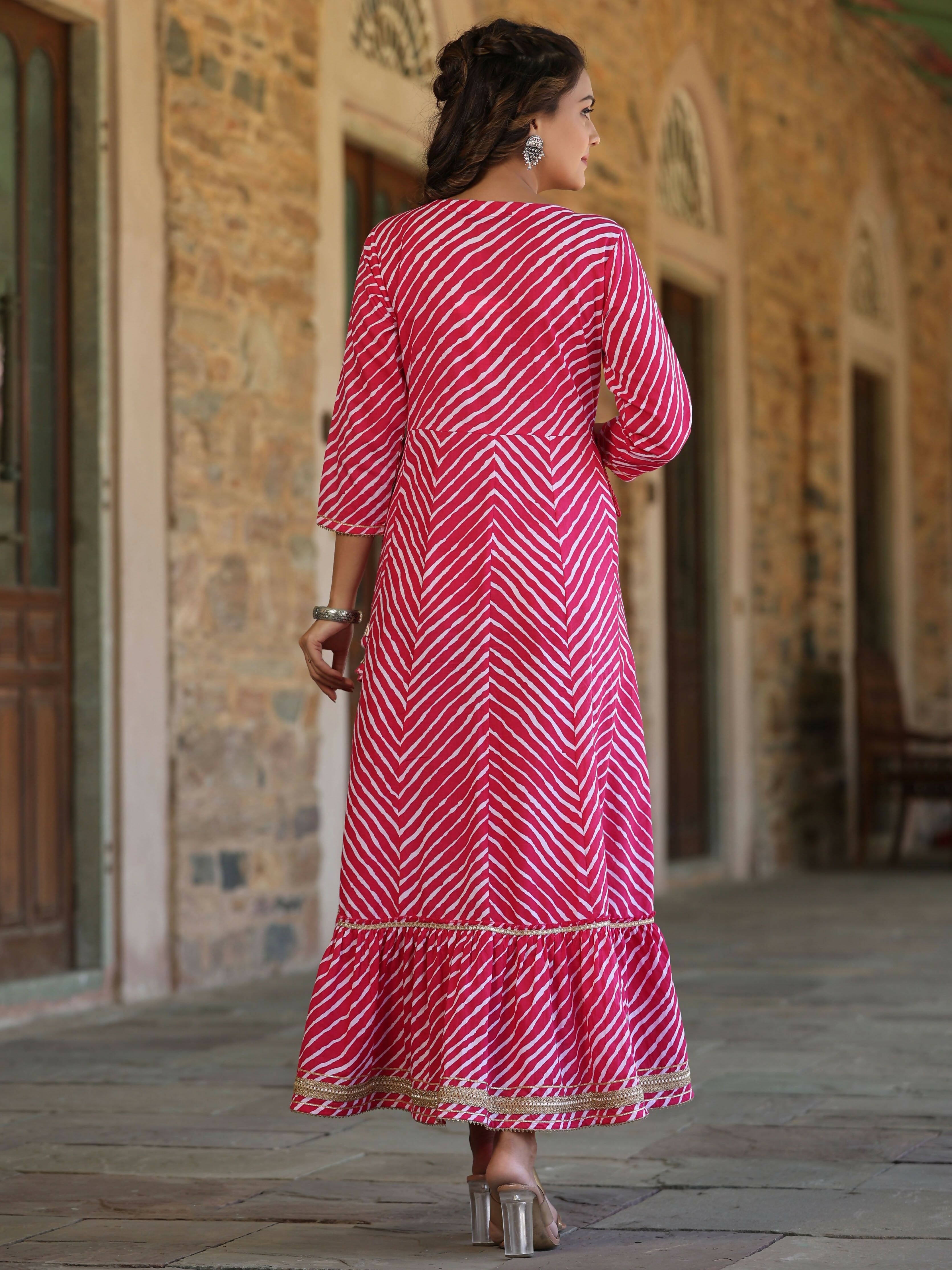 Juniper Women's Fuschia Printed Embroidered Mirror Work Sequin Cotton Flared Dress | Grocsy