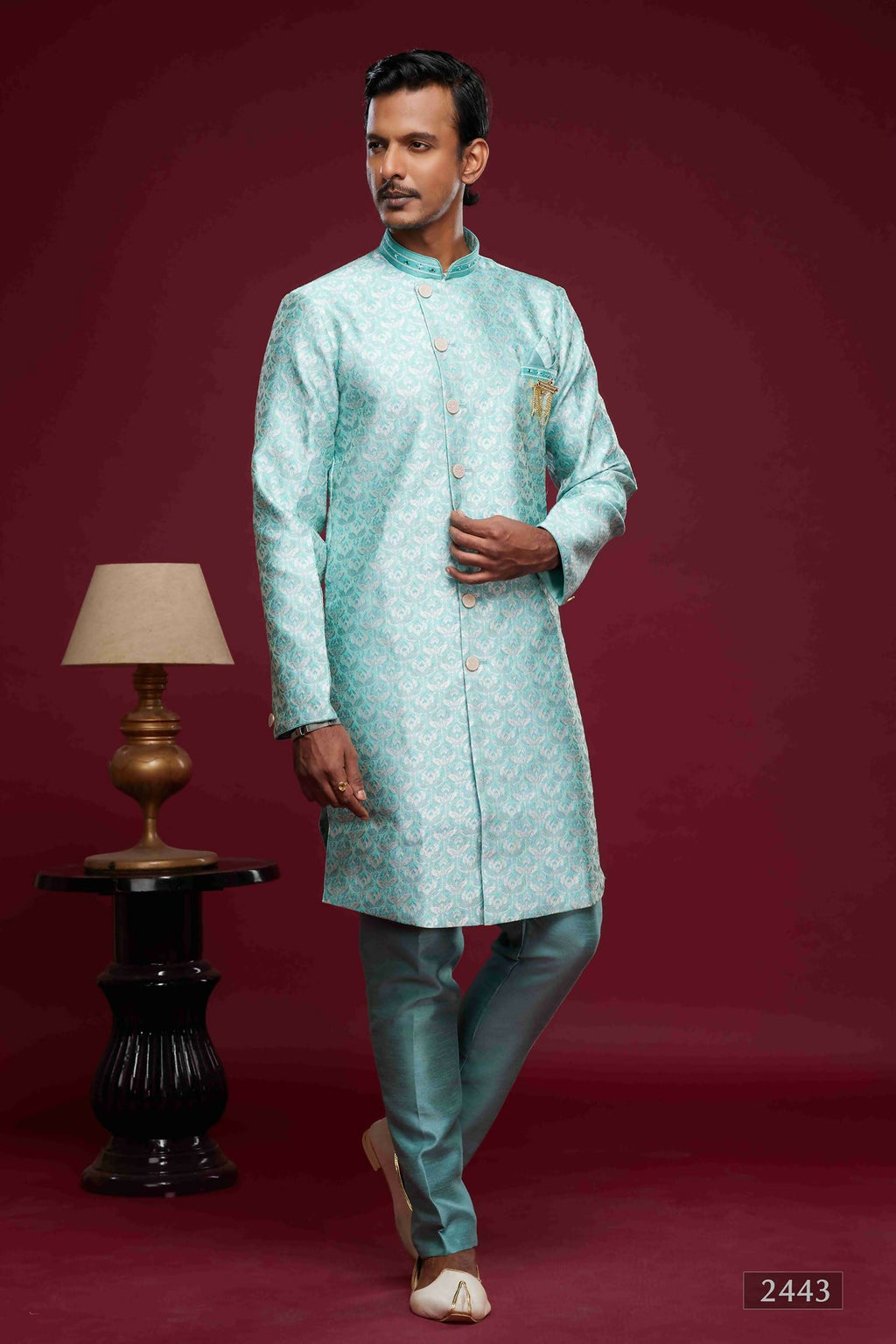 Raivat Ethnic Banarasi Jacquard Embroidery Semi Indo Western Sherwani In Sky Blue Colour | Grocsy