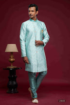 Raivat Ethnic Banarasi Jacquard Embroidery Semi Indo Western Sherwani In Sky Blue Colour | Grocsy