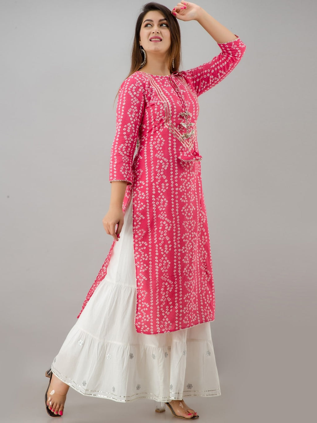 HERE&NOW Pink Tie Up Neck Bandhani Printed Gotta Patti Kurta | Grocsy