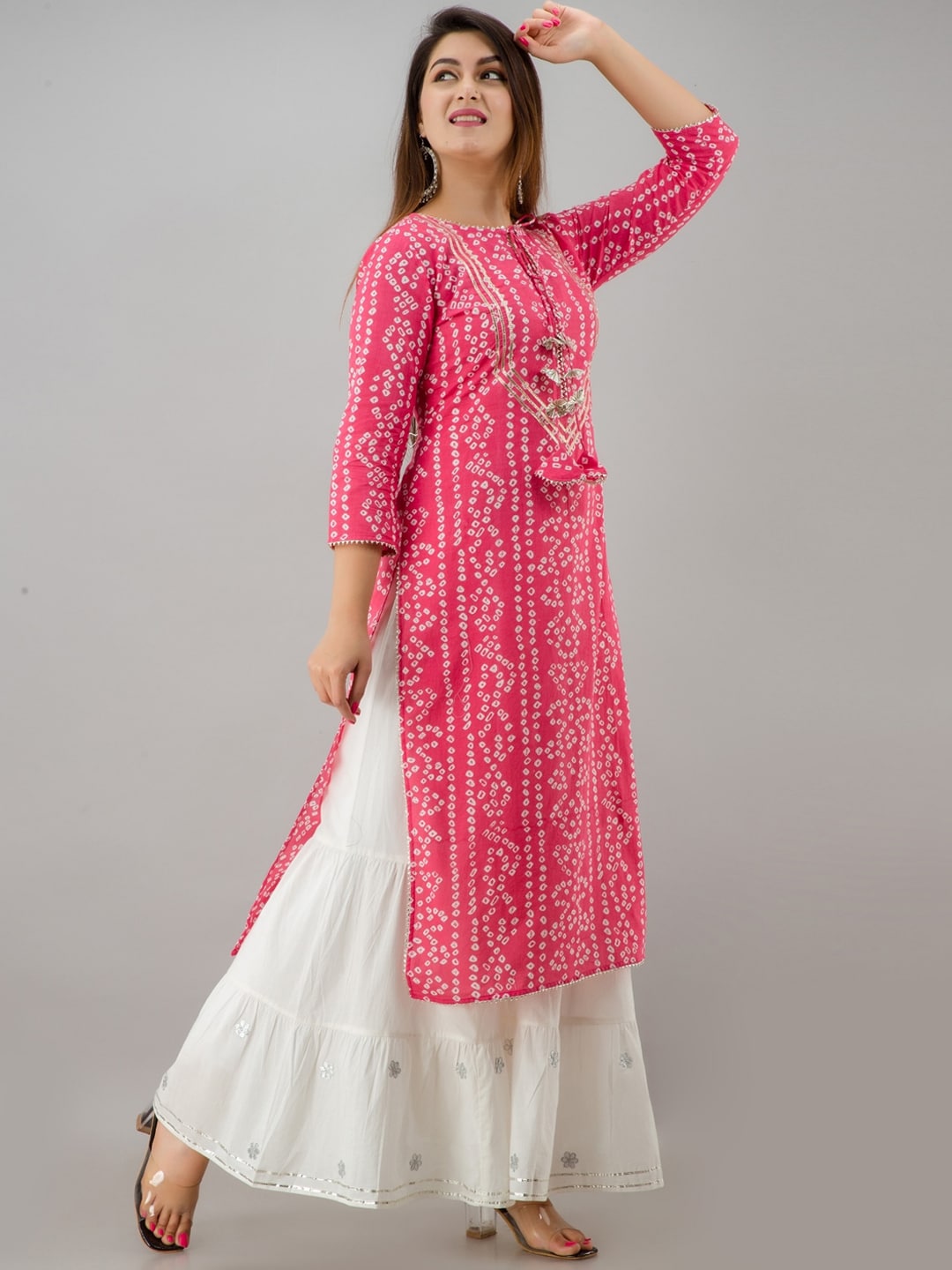 HERE&NOW Pink Tie Up Neck Bandhani Printed Gotta Patti Kurta | Grocsy