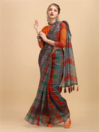 Sangria Grey & Red Beads and Stones Pure Linen Saree | Grocsy