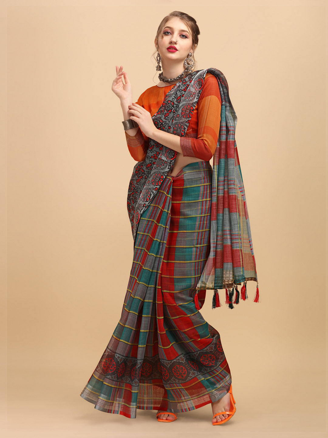 Sangria Grey & Red Beads and Stones Pure Linen Saree | Grocsy