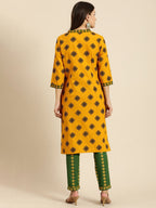 All About You Women Mustard Yellow Ethnic Motifs Printed Kurta with Green Printed Trousers | Grocsy