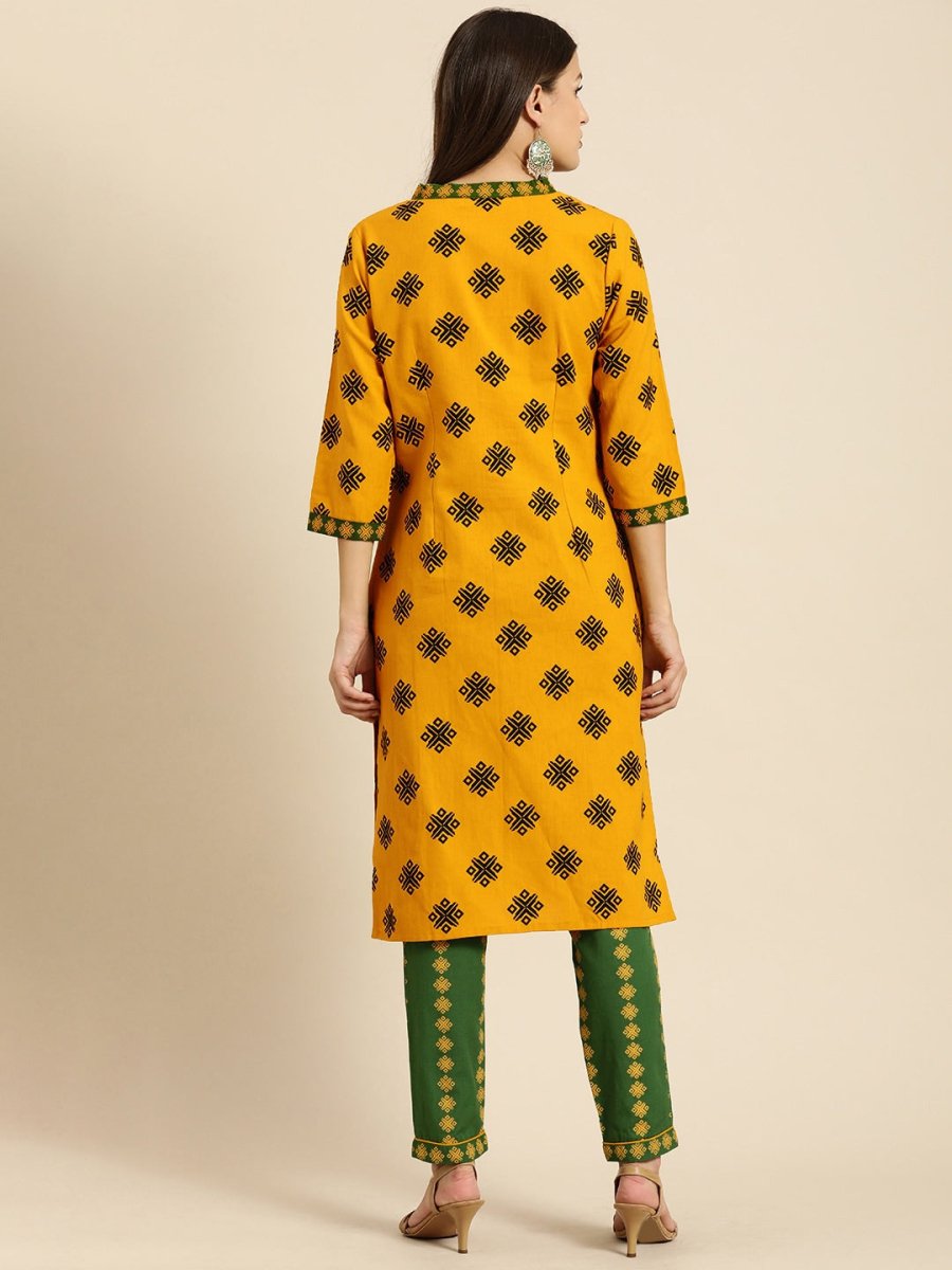All About You Women Mustard Yellow Ethnic Motifs Printed Kurta with Green Printed Trousers | Grocsy