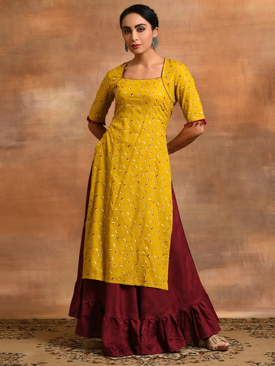 Aks Ethnic Motifs Printed Square Neck Kurta with Skirt | Grocsy