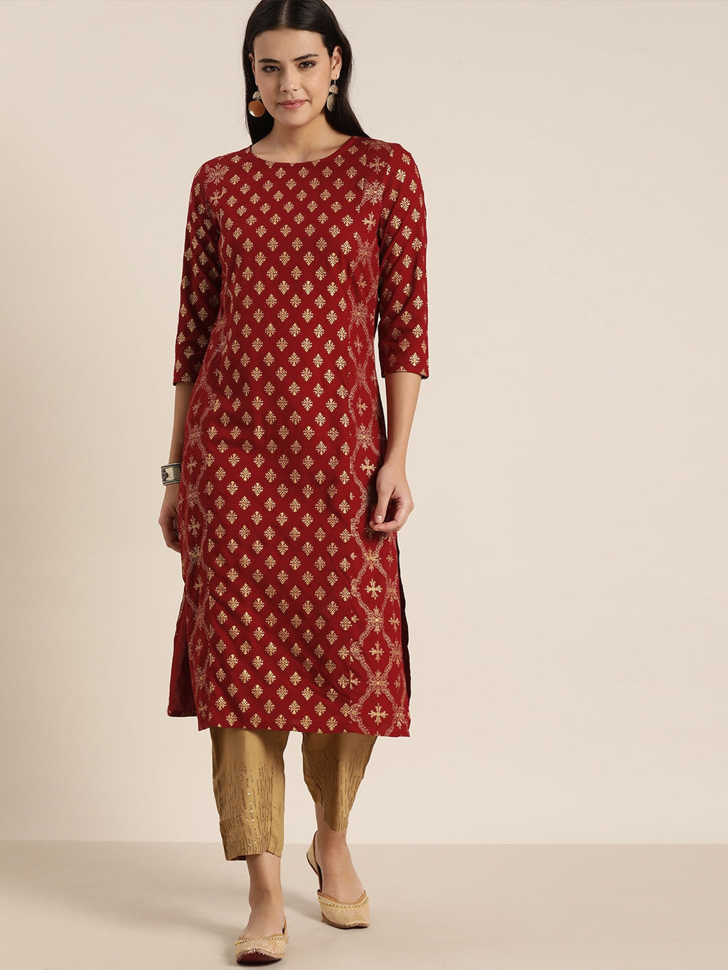 Sangria Women Maroon & Gold-Toned Ethnic Motifs Printed Kurta | Grocsy