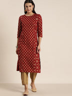 Sangria Women Maroon & Gold-Toned Ethnic Motifs Printed Kurta | Grocsy