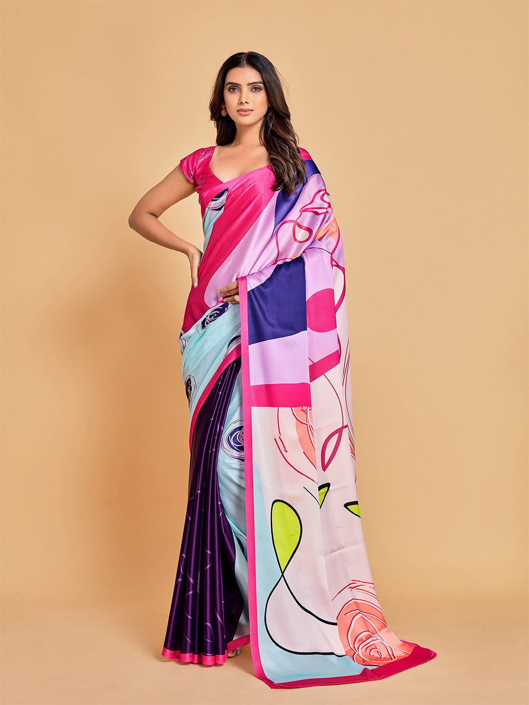 Sangria Pink & Blue Abstract Printed Satin Saree | Grocsy