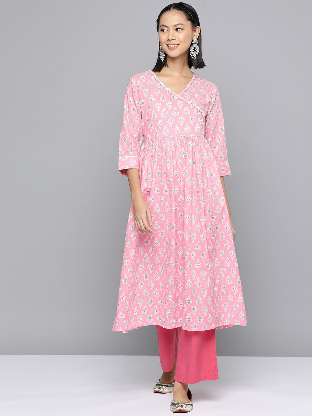 HERE&NOW Ethnic Motifs Printed Sequined Detail Angrakha Kurta | Grocsy