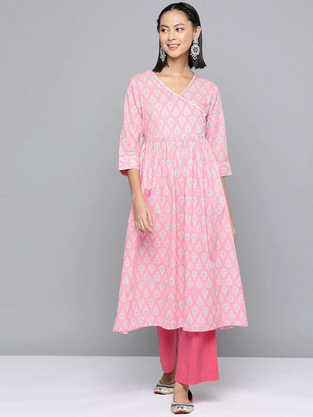 HERE&NOW Ethnic Motifs Printed Sequined Detail Angrakha Kurta | Grocsy