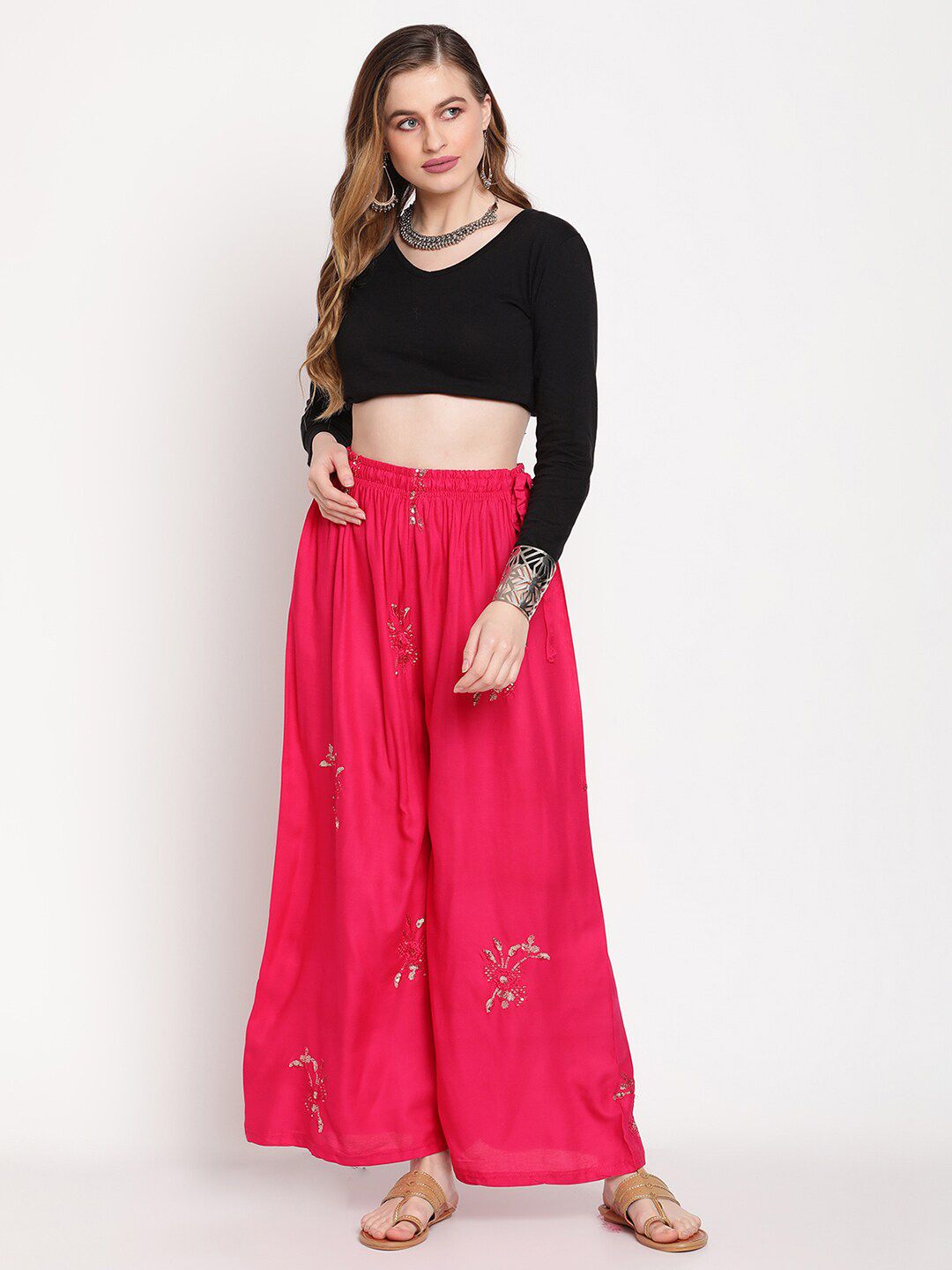 TAG 7 Women Pink & Gold-Toned Ethnic Motifs Embellished Flared Palazzos | Grocsy