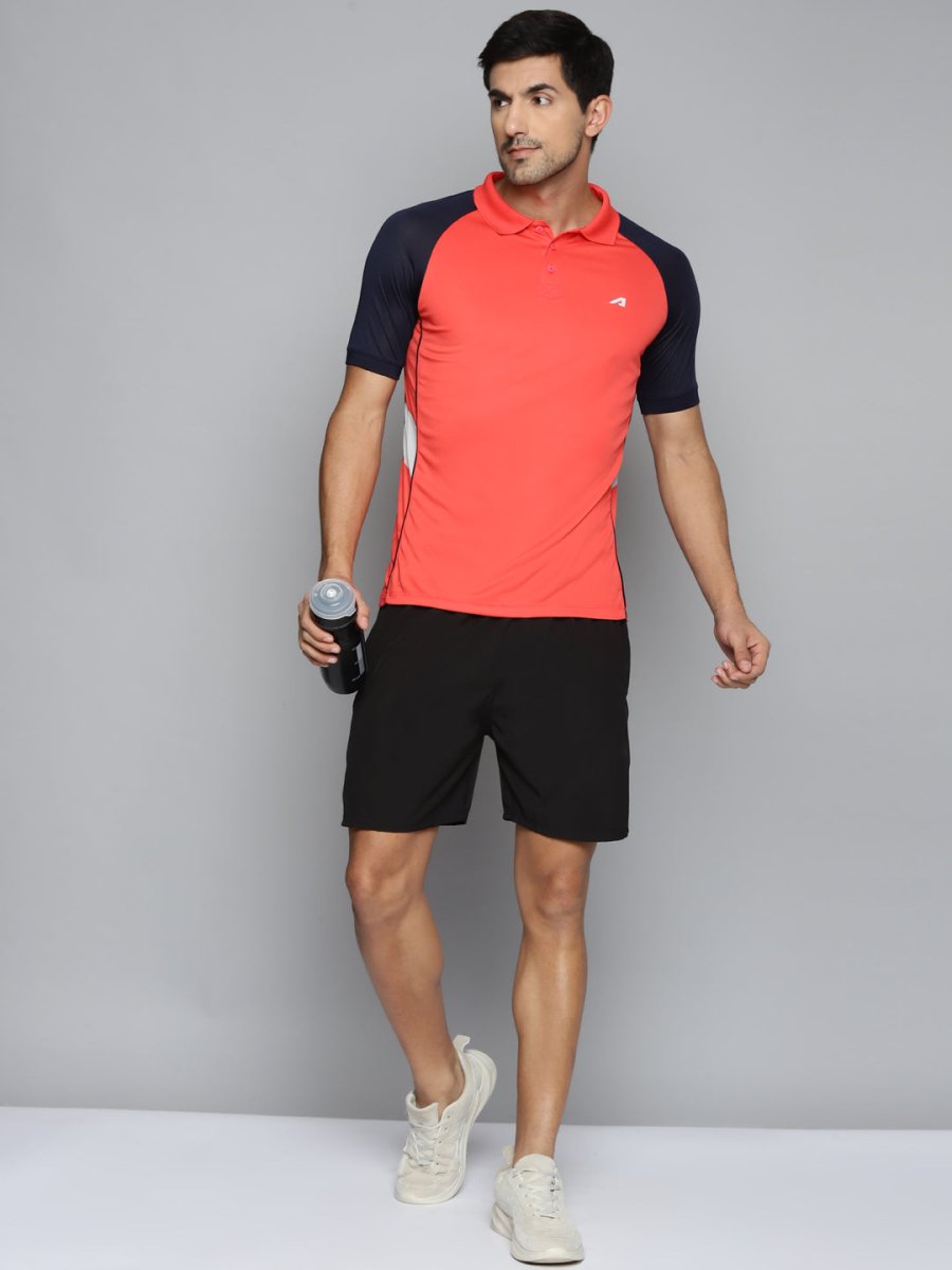 Alcis Men Red & Navy Blue Colourblocked Polo Collar Slim Fit Running T-shirt | Grocsy