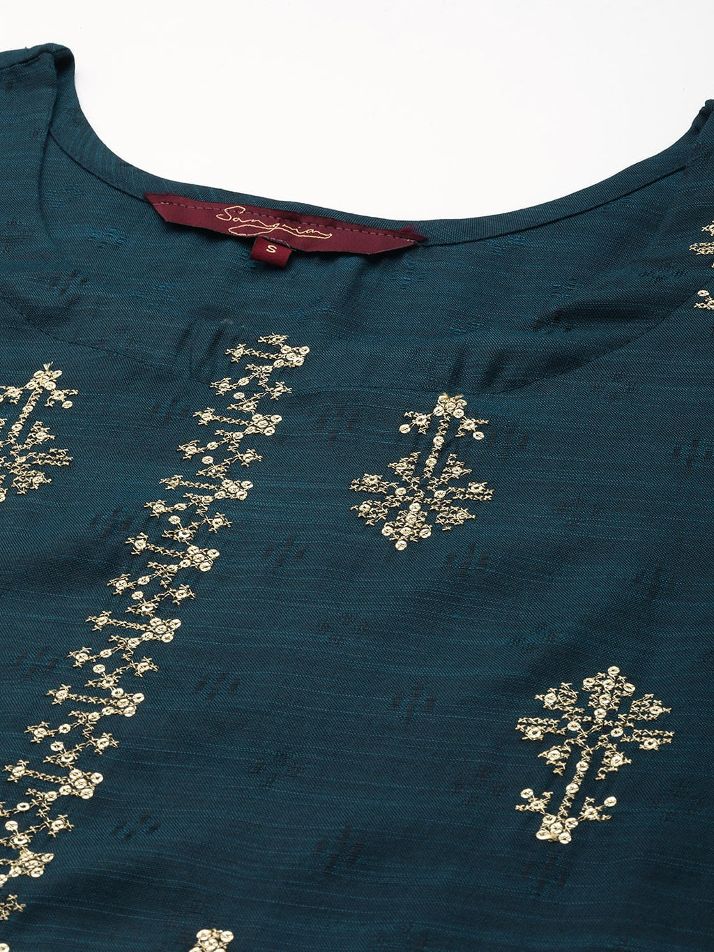 Sangria Teal Blue & Golden Embroidered Regular Kurta | Grocsy