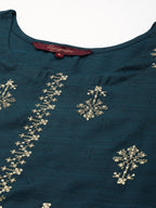 Sangria Teal Blue & Golden Embroidered Regular Kurta | Grocsy