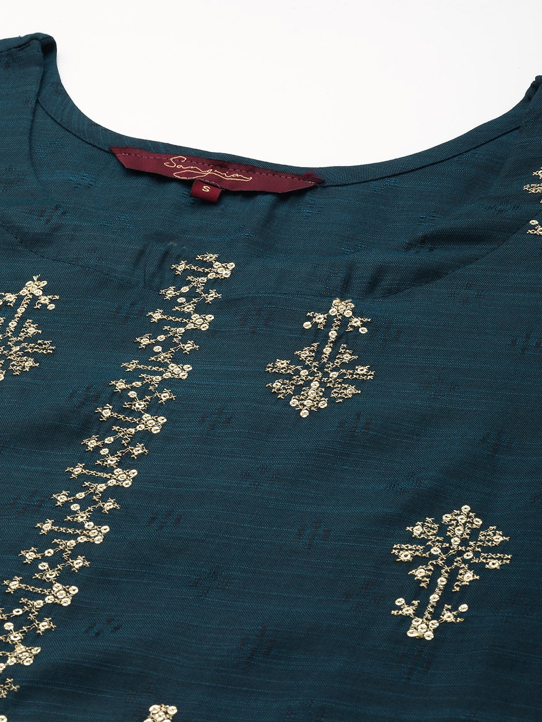 Sangria Teal Blue & Golden Embroidered Regular Kurta | Grocsy
