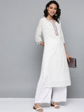 HERE&NOW Women White Cotton Straight Thread Work Kurta | Grocsy