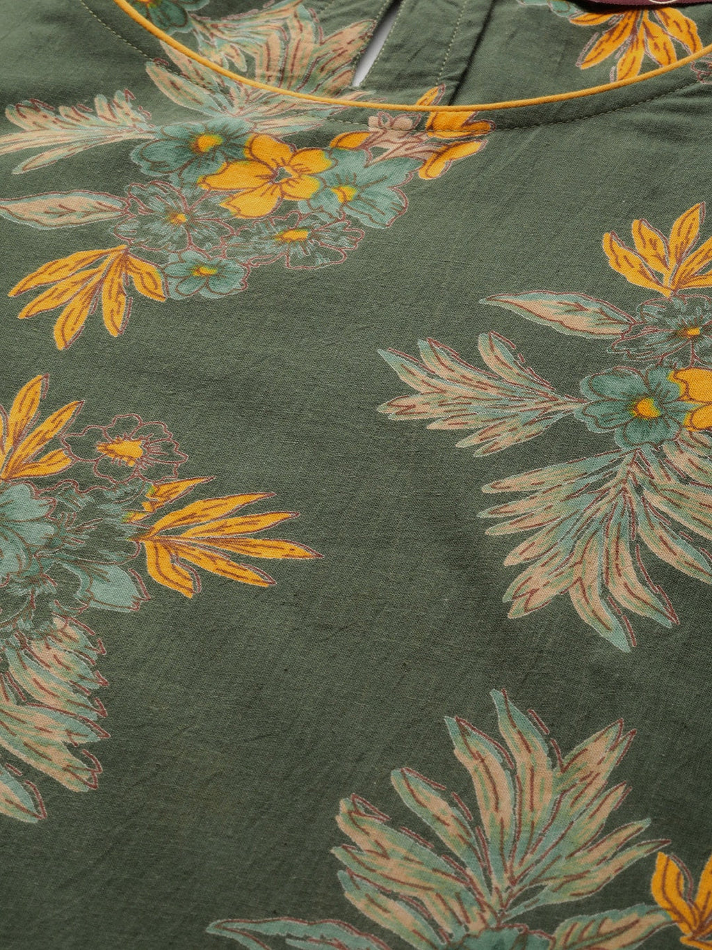 Sangria Women Olive Green & Mustard Yellow Pure Cotton Floral Printed Kurta | Grocsy
