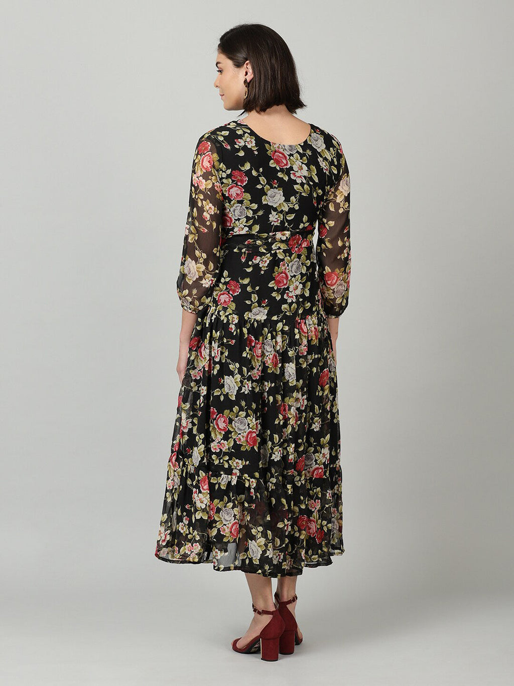 Souchii Black & Pink Floral Chiffon Midi Dress | Grocsy