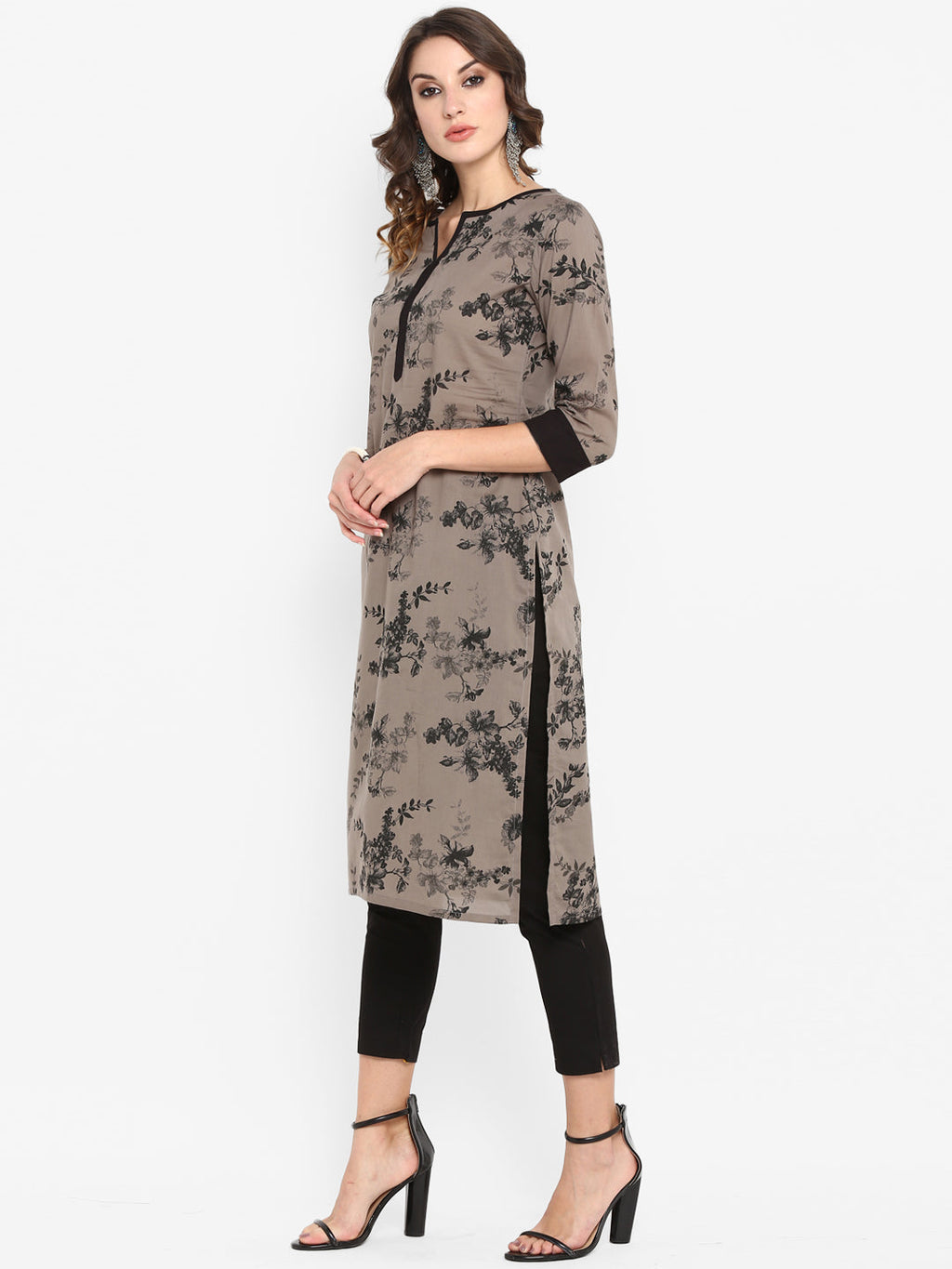 Janasya Women Taupe & Black Printed Straight Kurta | Grocsy