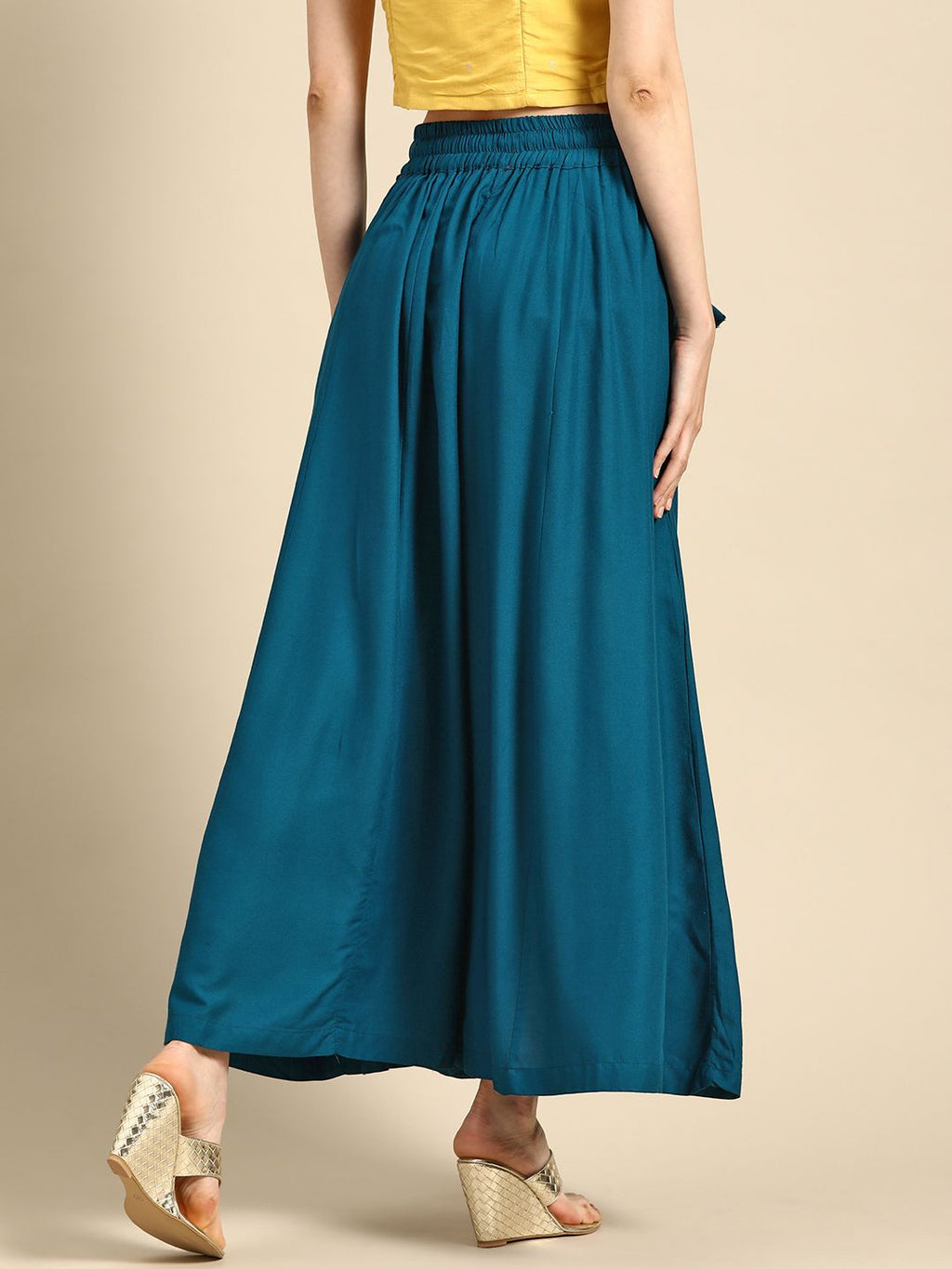 TAG 7 Women Teal Blue Solid Flared Palazzos | Grocsy