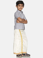 Sethukrishna Boys Grey & White Solid Shirt with Veshti Set | Grocsy
