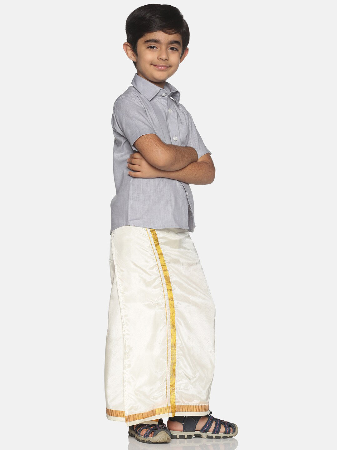 Sethukrishna Boys Grey & White Solid Shirt with Veshti Set | Grocsy