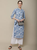 Sangria Women Blue & White Cotton Floral Printed Kurta | Grocsy