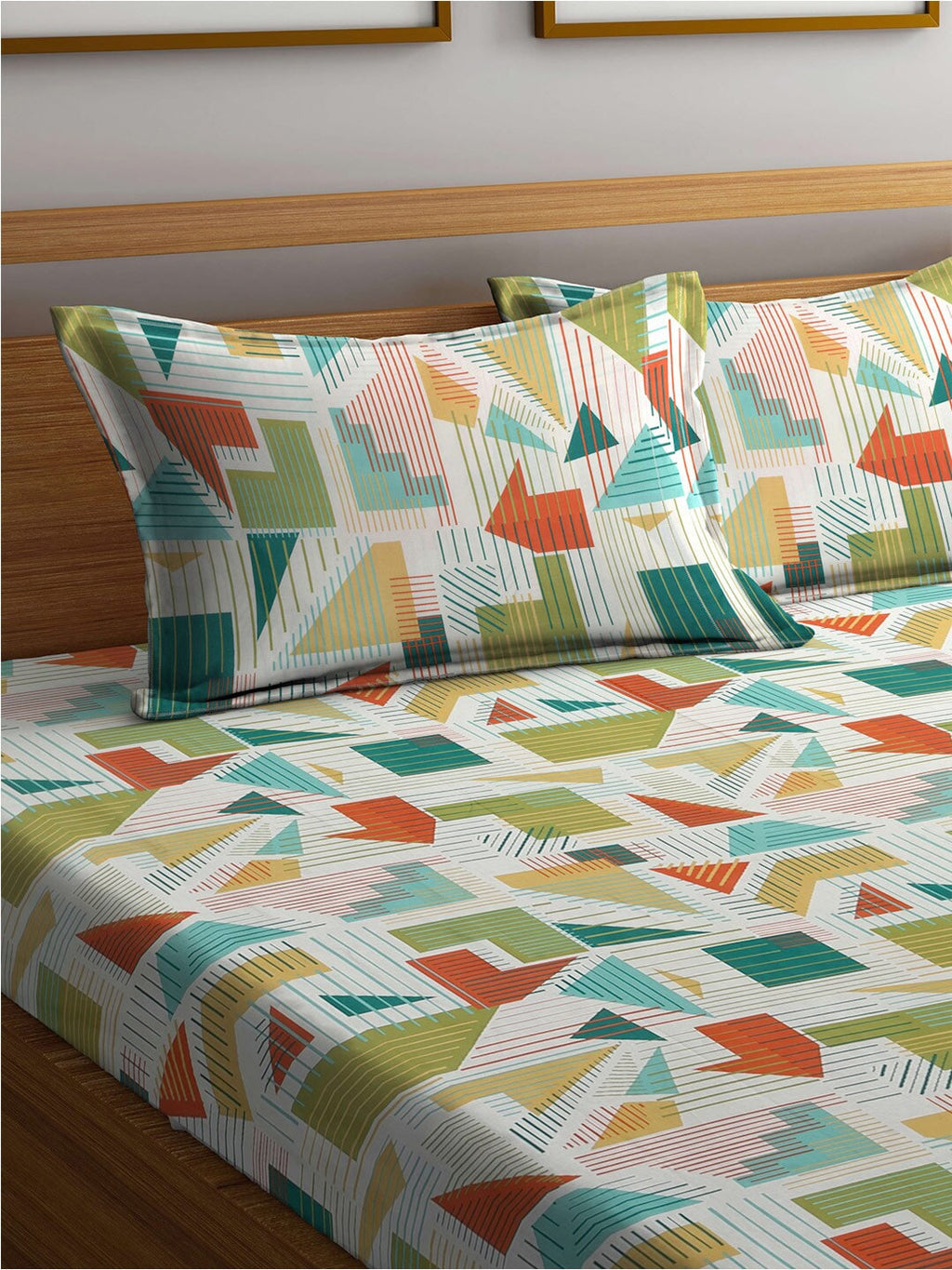 BOMBAY DYEING Serenita Yellow Geometric Cotton 144 TC King Bedsheet & 2 Pillow Covers | Grocsy