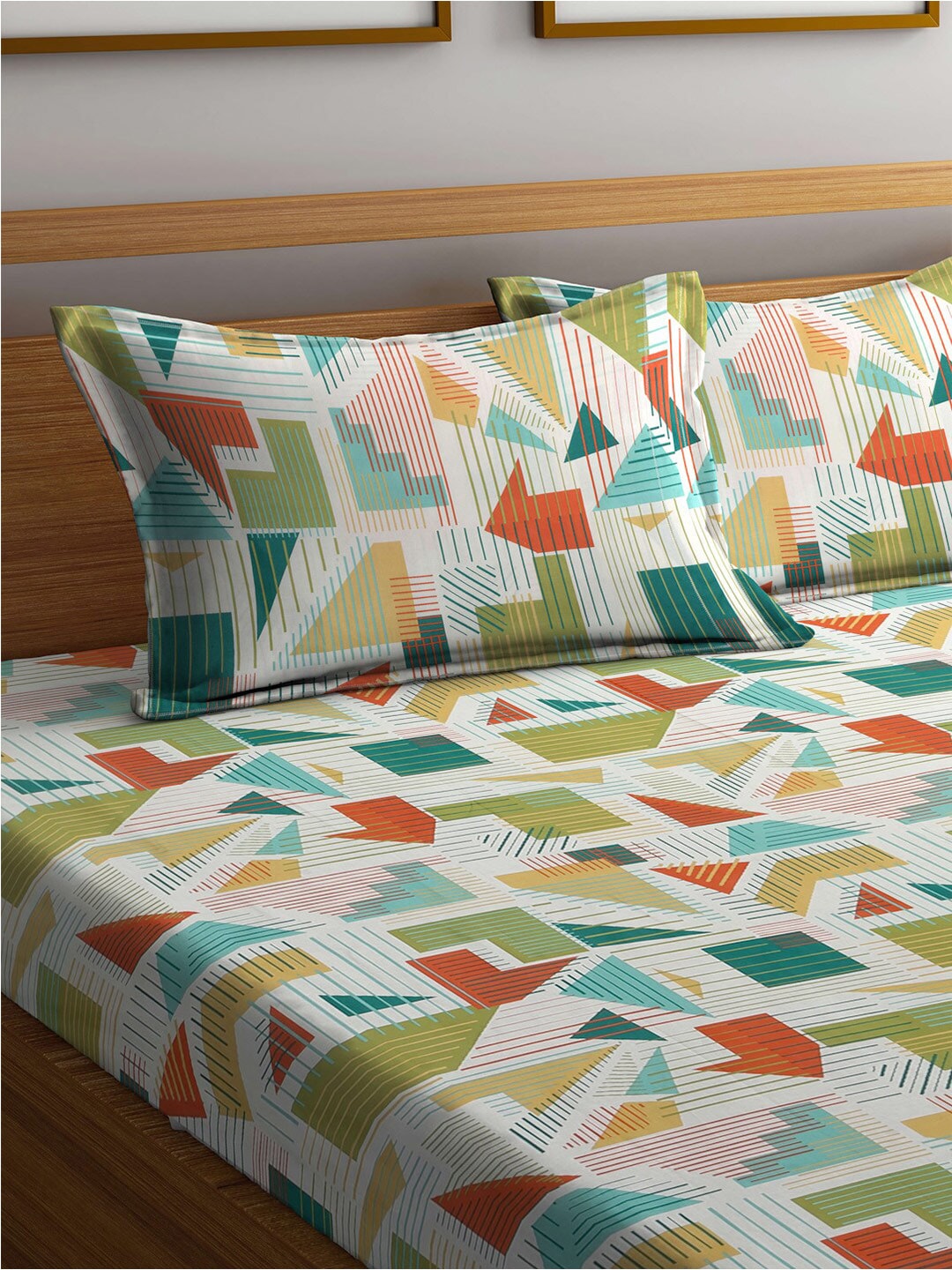 BOMBAY DYEING Serenita Yellow Geometric Cotton 144 TC King Bedsheet & 2 Pillow Covers | Grocsy