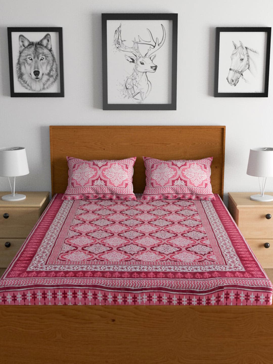 Urban Magic Pink Printed Cotton 104 TC King Bedsheet with 2 Pillow Covers | Grocsy