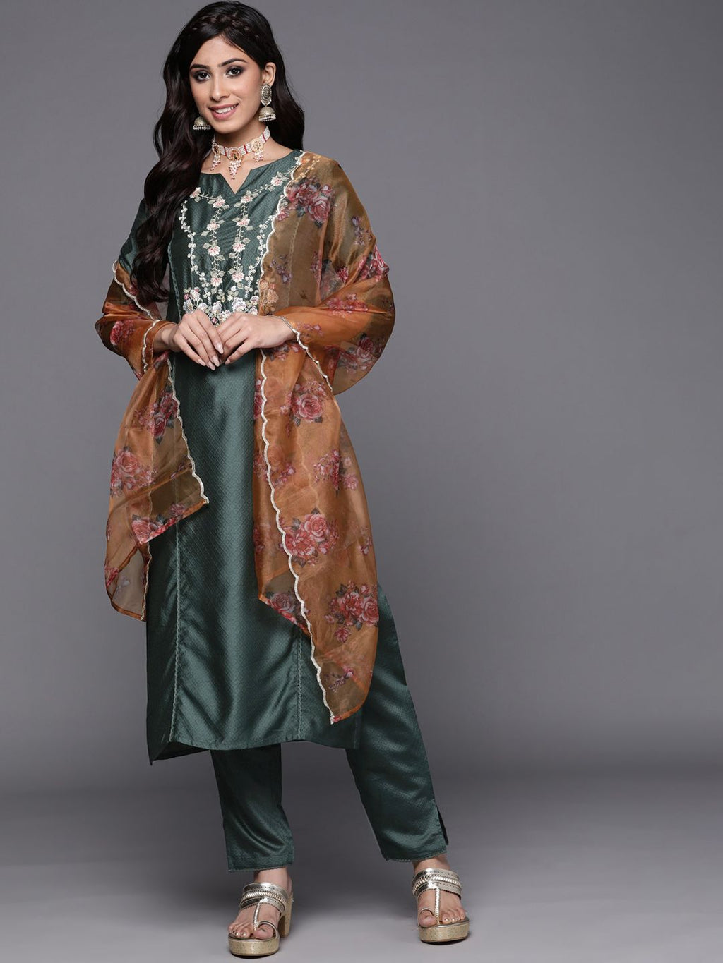 Indo Era Women Green Ethnic Motifs Embroidered Kurta with Trousers & With Dupatta | Grocsy