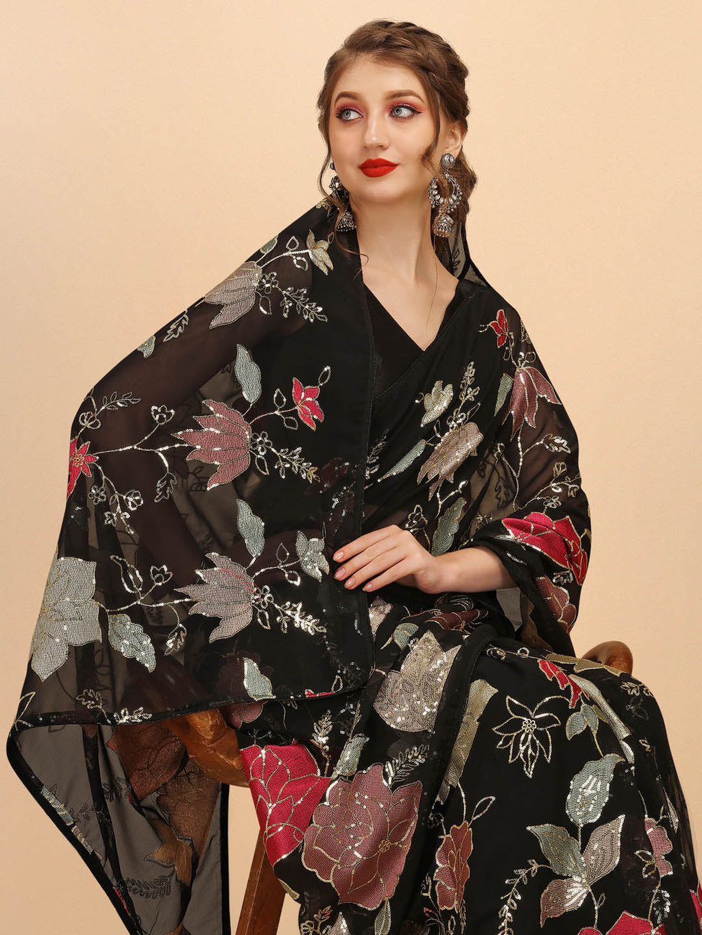 Sangria Black & Red Floral Sequinned Pure Georgette Saree | Grocsy