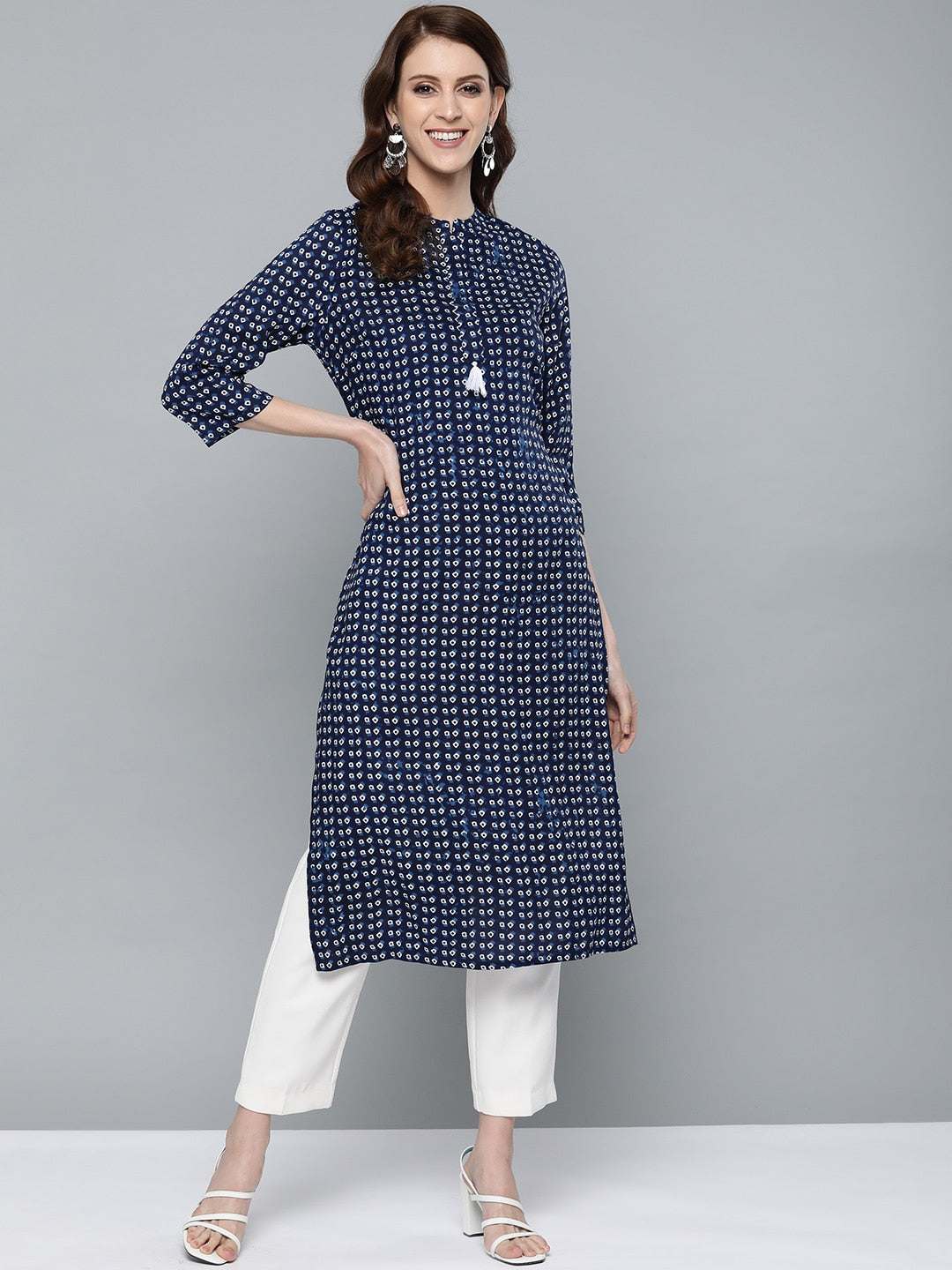 HERE&NOW Women Navy Blue & White Bandhani Print Straight Kurta | Grocsy